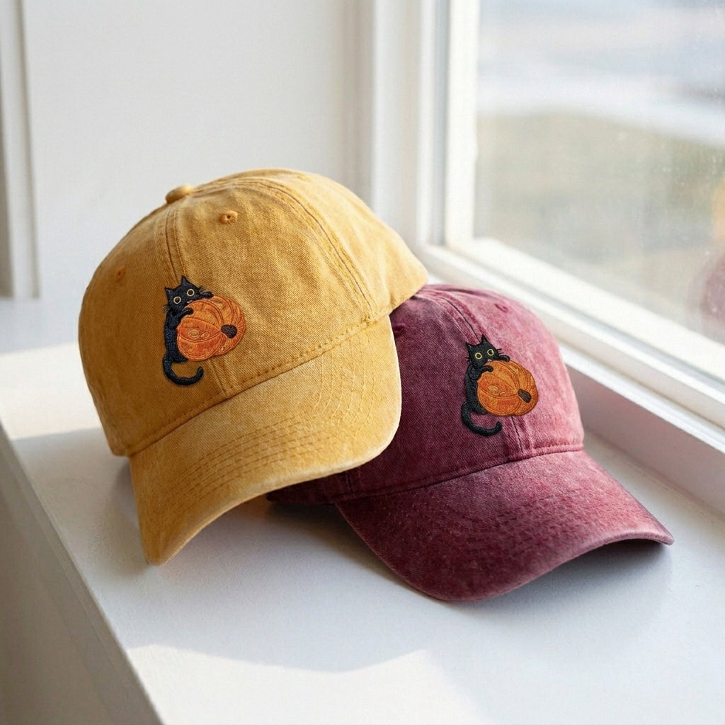 Cat and Pumpkin Embroidered Cap – Trendy Streetwear Style - photo 1