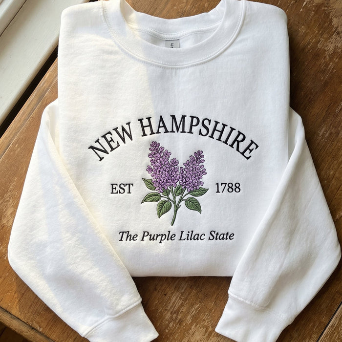 New Hampshire Purple Lilac Embroidered Sweatshirt – White State Flower Botanical Gift Unisex Crewneck