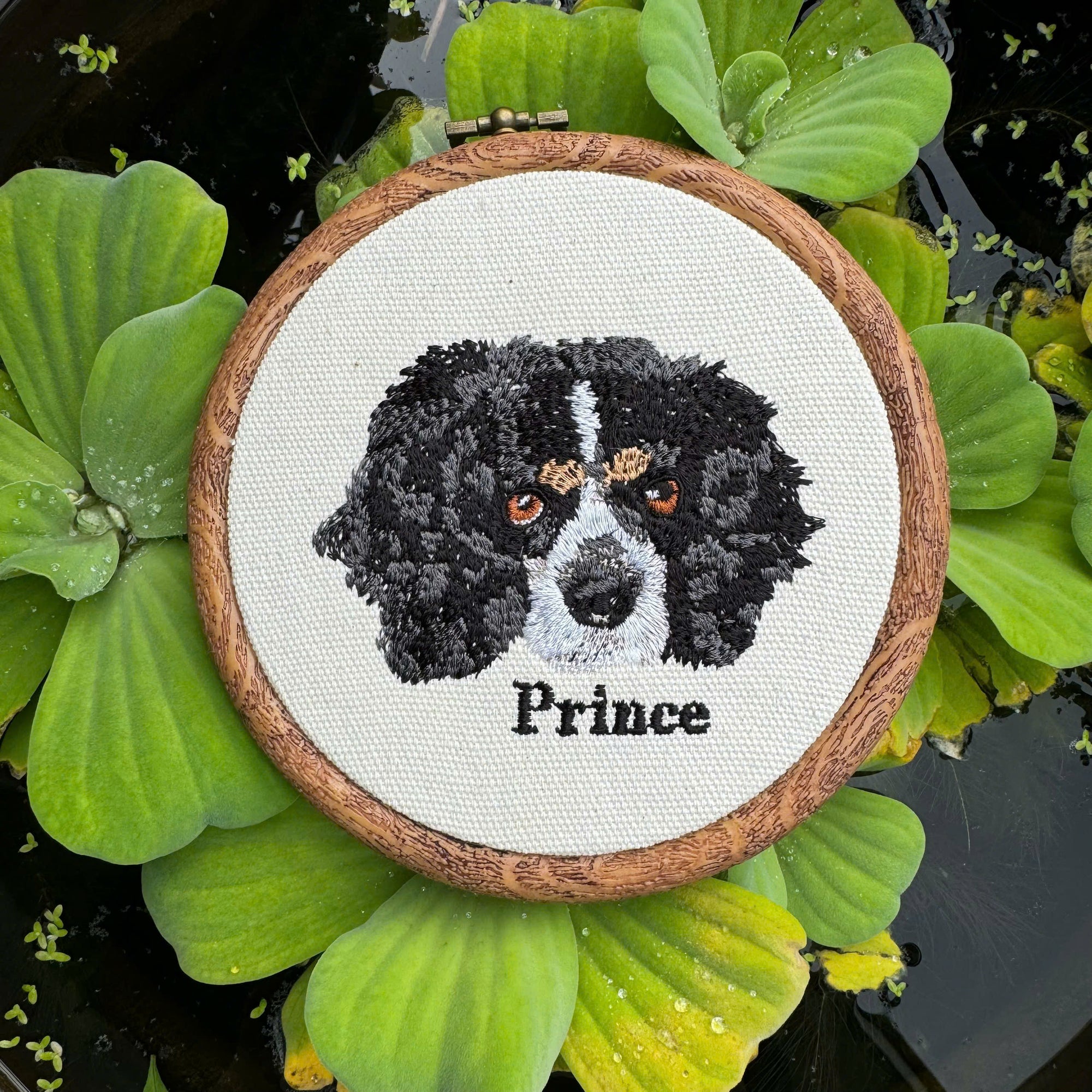 custom embroidered dog portrait wall art in wooden hoop
