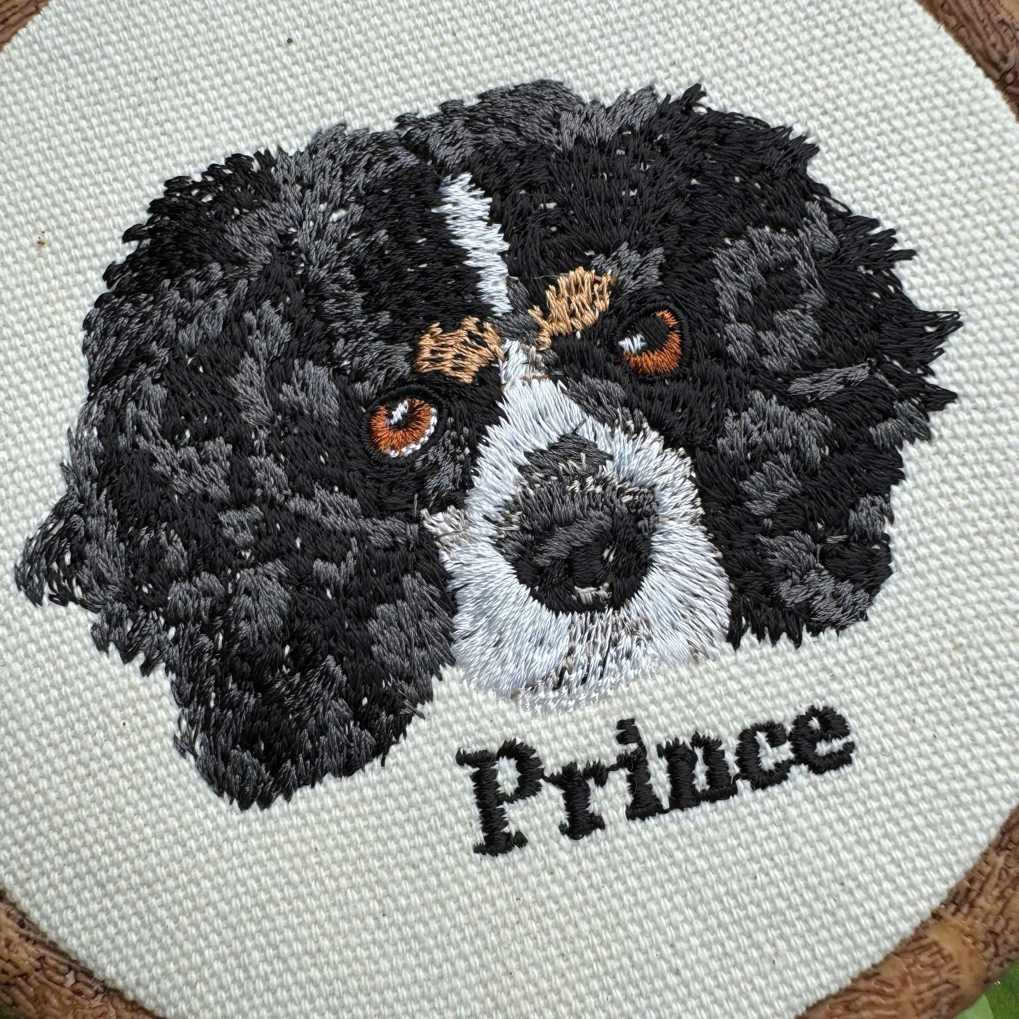 custom embroidered dog portrait wall art in wooden hoop