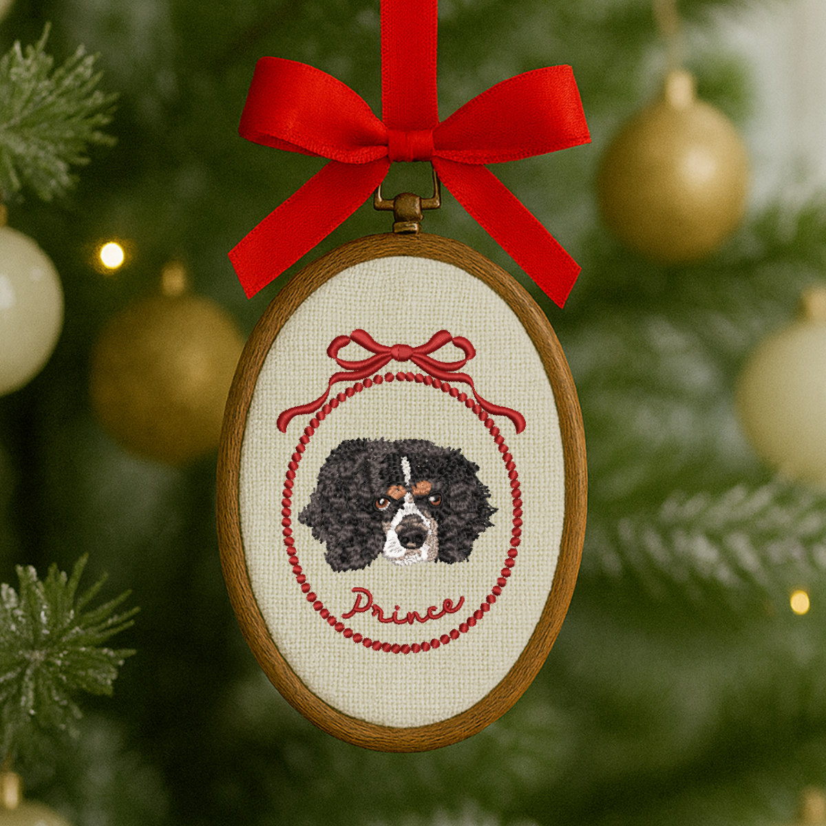 Custom Pet Embroidered Christmas Ornament – Personalized Cat & Dog Hoop with Name