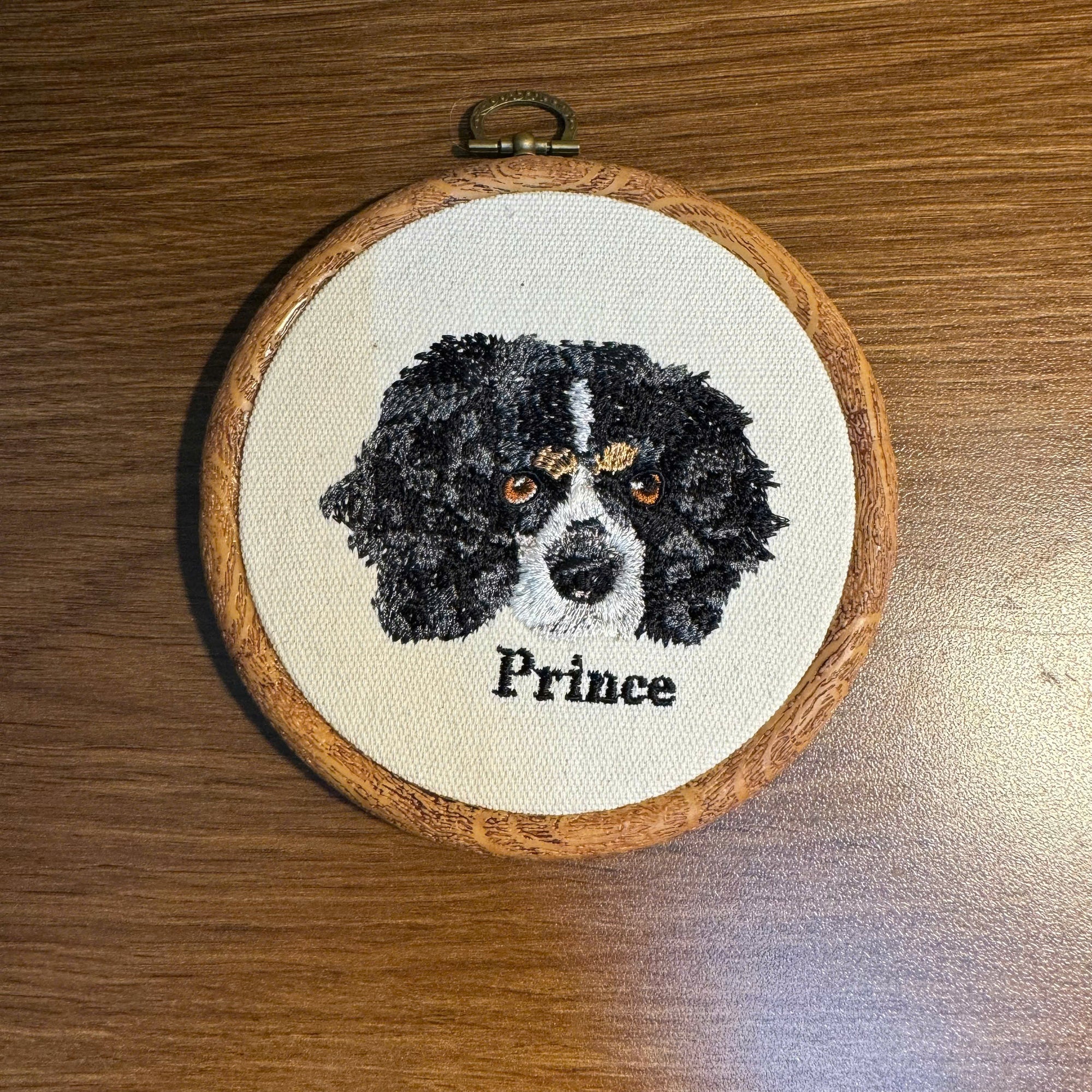 custom embroidered dog portrait wall art in wooden hoop