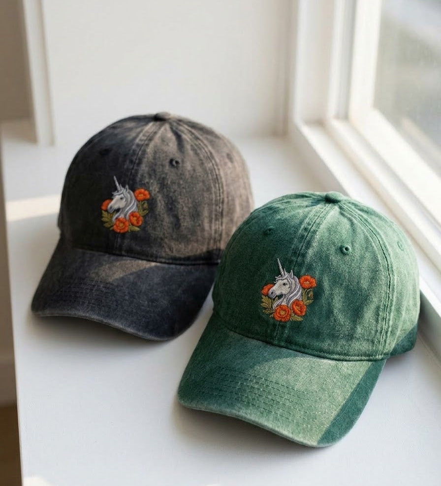 Unicorn and Poppy Embroidered Cap