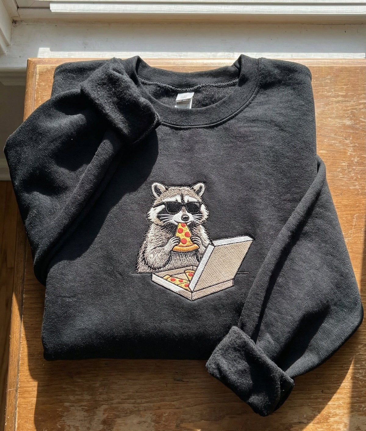 Raccoon Eating Pizza Embroidered Sweater – Funny & Trendy - photo 2