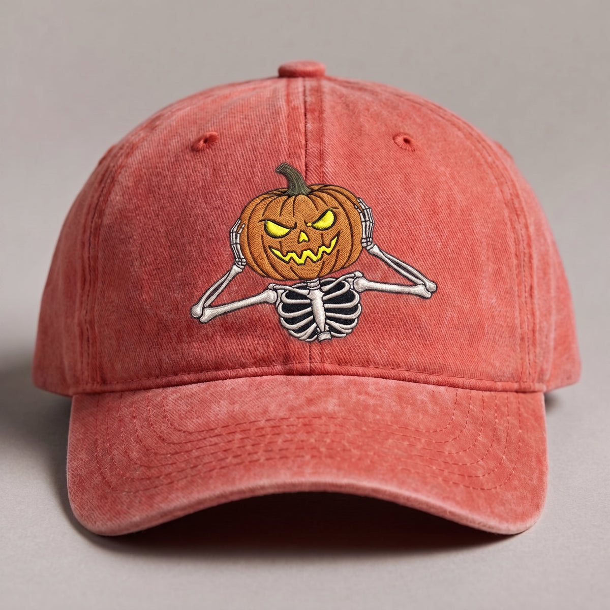 Skeleton Holding Pumpkin Embroidered Cap – Trendy Streetwear - photo 1