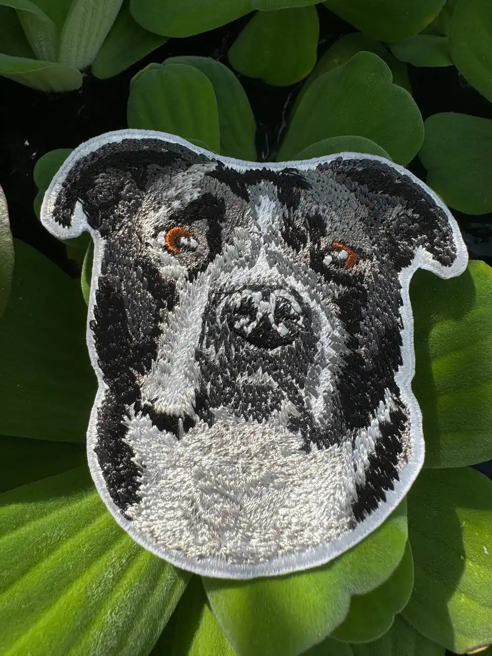 American Bulldog embroidered portrait patch on denim
