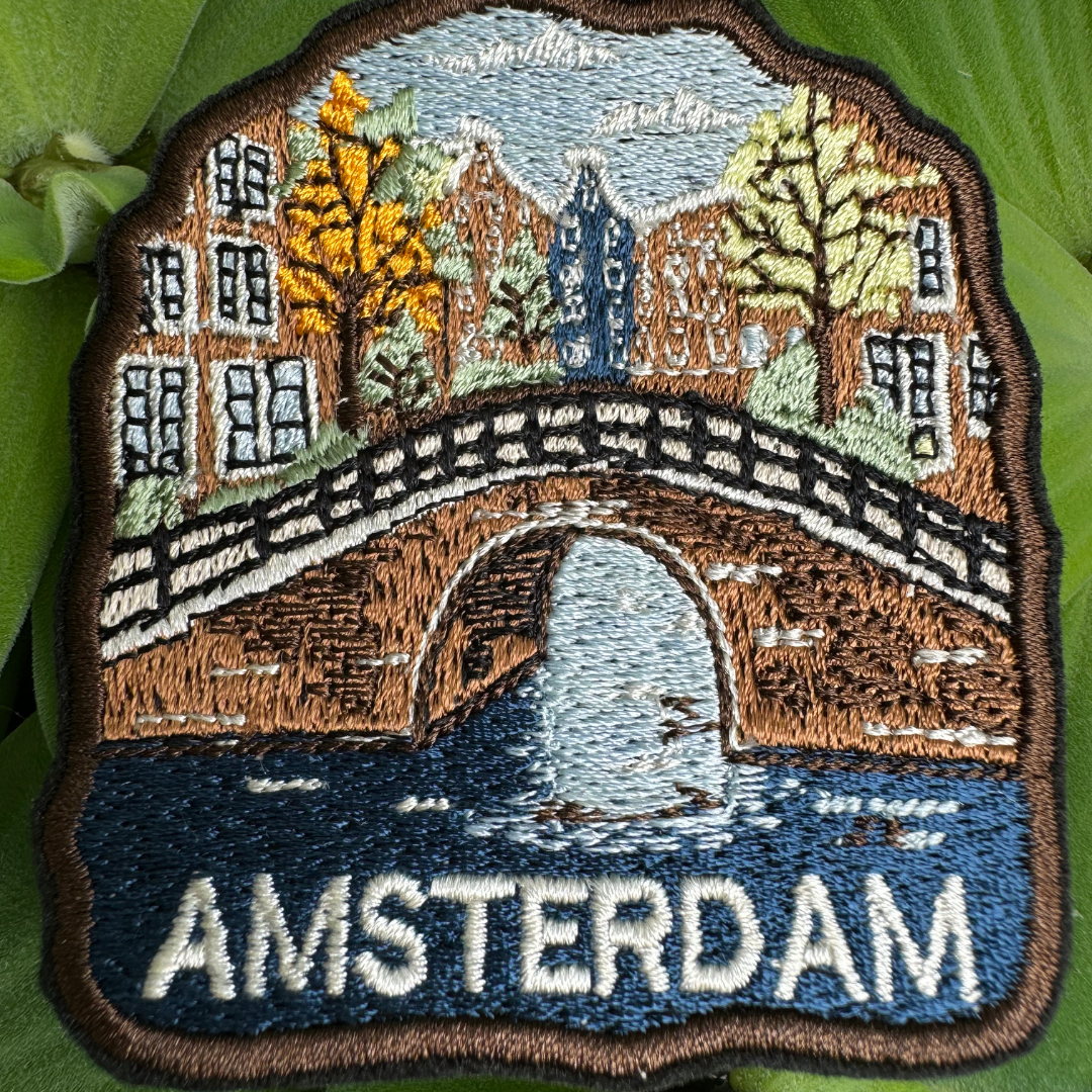 Close-up of Amsterdam iron-on patch with European charm