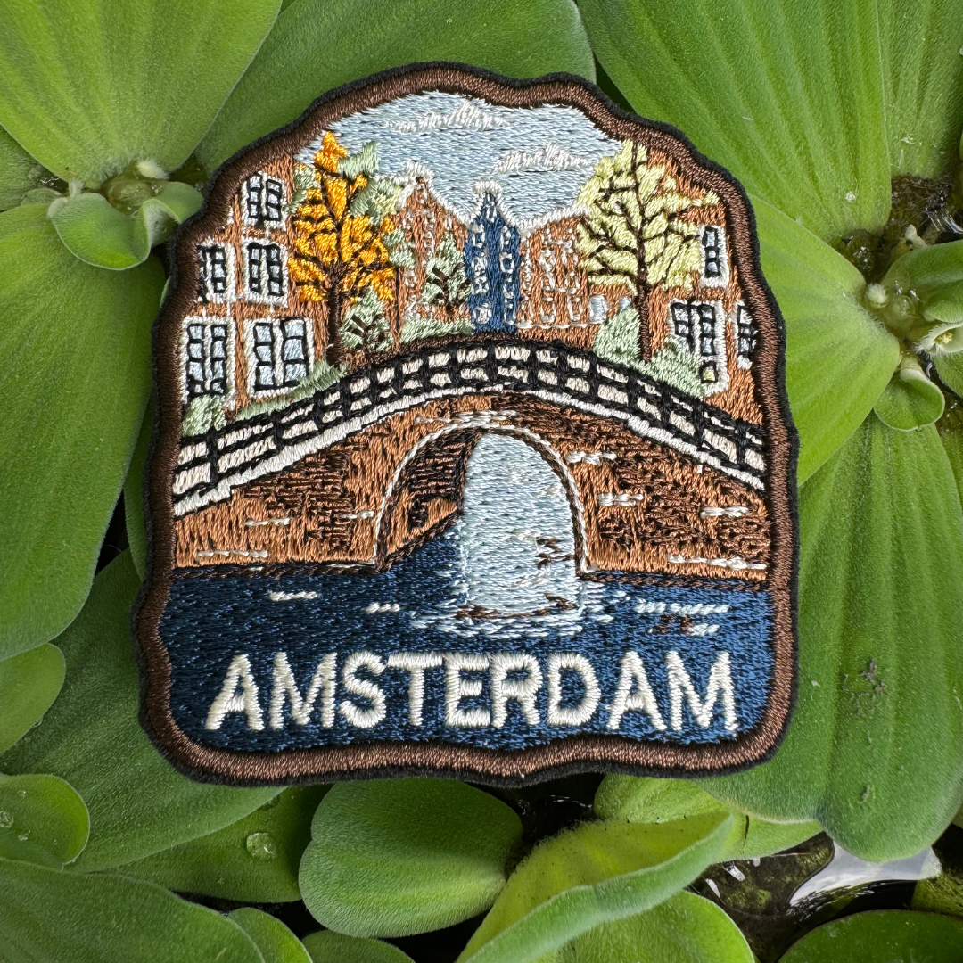Amsterdam embroidered patch with Dutch canal houses and bicycle