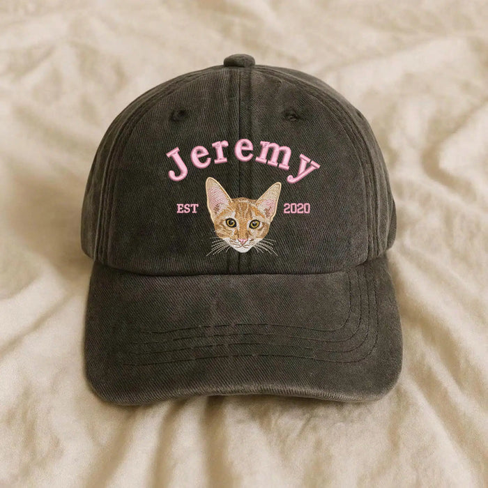 Custom Pet Embroidered Dad Hat – Personalized Cat & Dog Portrait Cap from Your Photo | Unique Gift for Pet Lovers
