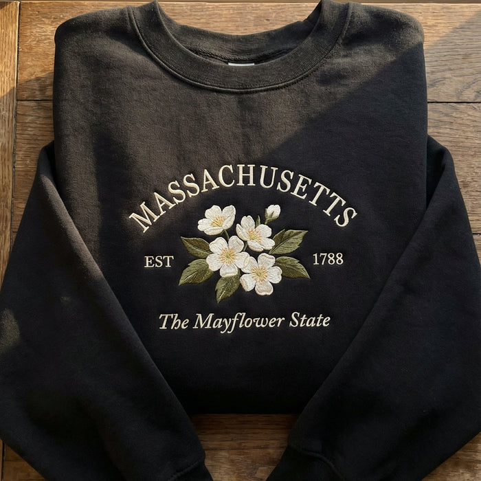 Massachusetts Mayflower Embroidered Sweatshirt – State Flower Botanical Gift Unisex Crewneck