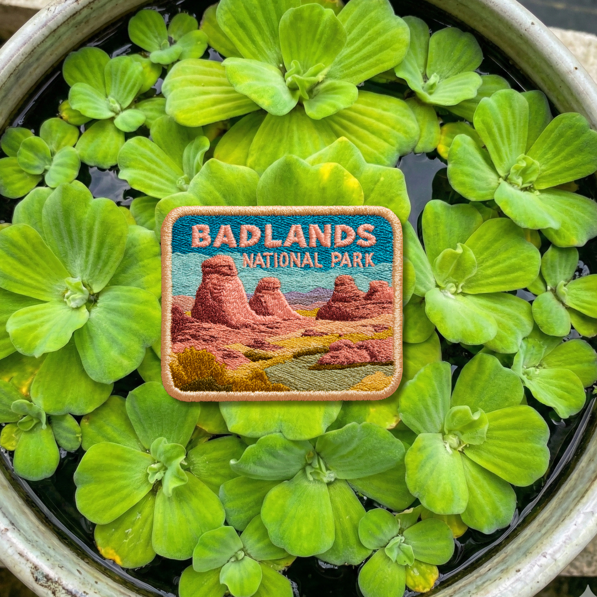Close-up detail of high-quality stitching on Badlands National Park embroidery patch