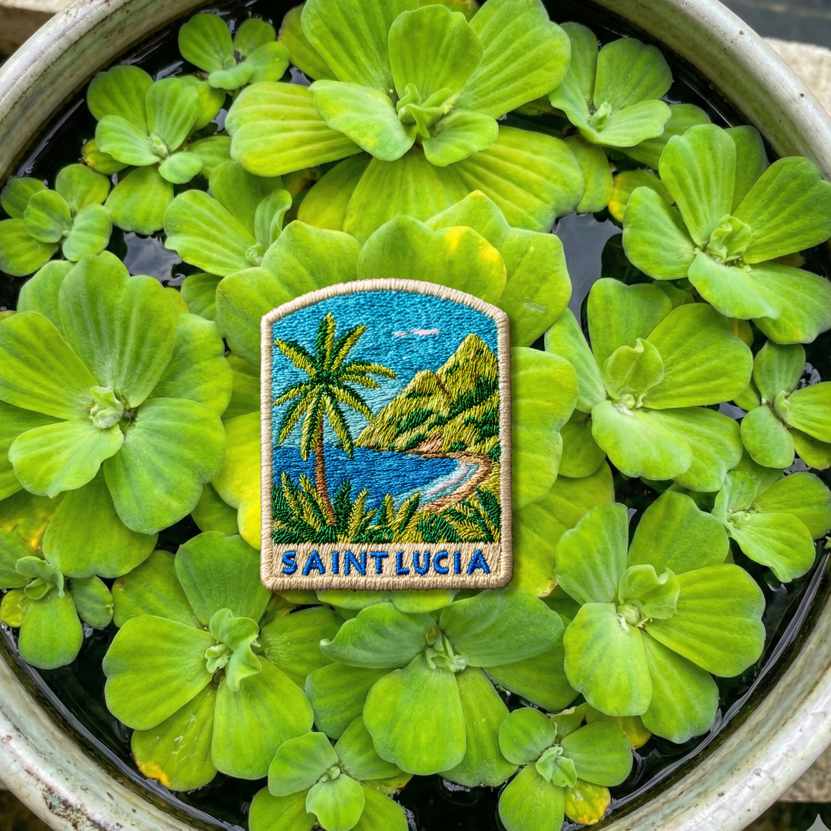 Close-up detail of high-quality stitching on Saint Lucia tropical embroidery patch