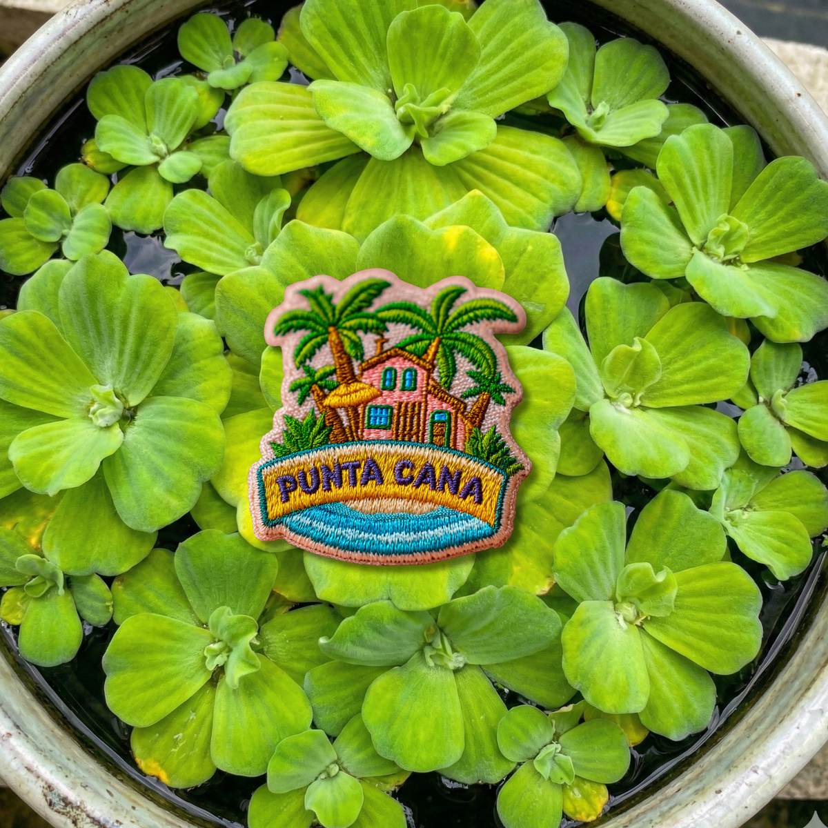 Close-up embroidery details of Punta Cana tropical travel patch