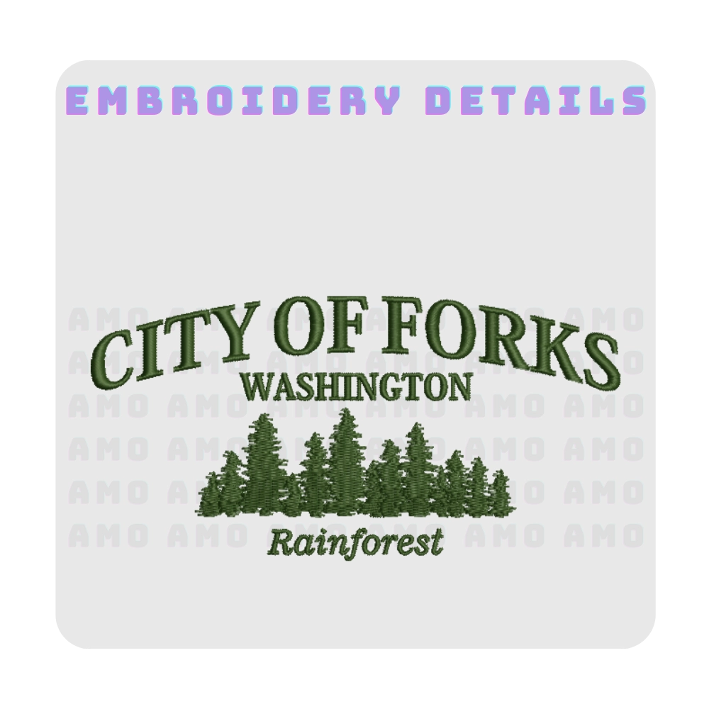 Close-up of Forks city name and rainforest embroidery