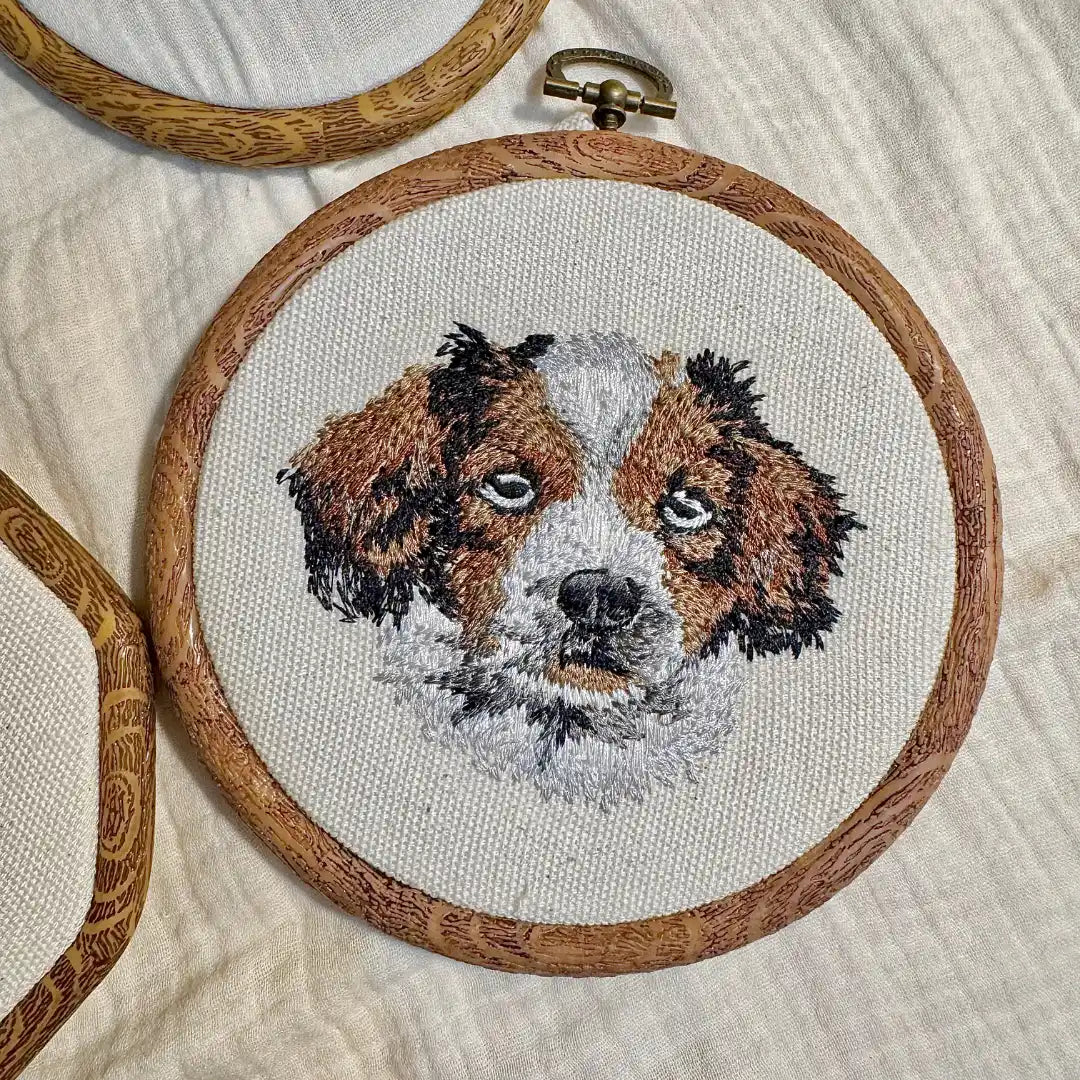 Embroidered pet art from photo, wall-ready