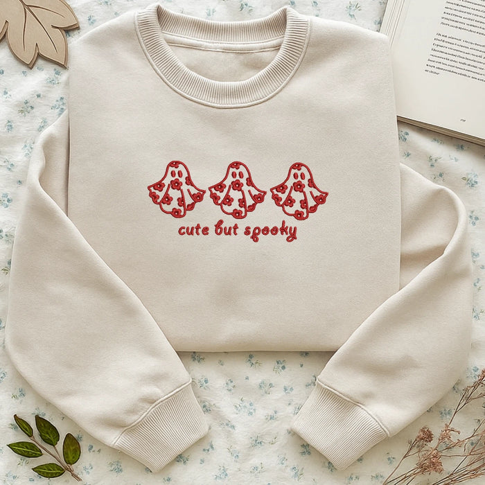 Cute But Spooky Ghost Embroidered Sweatshirt β Pastel Pink Halloween Pullover