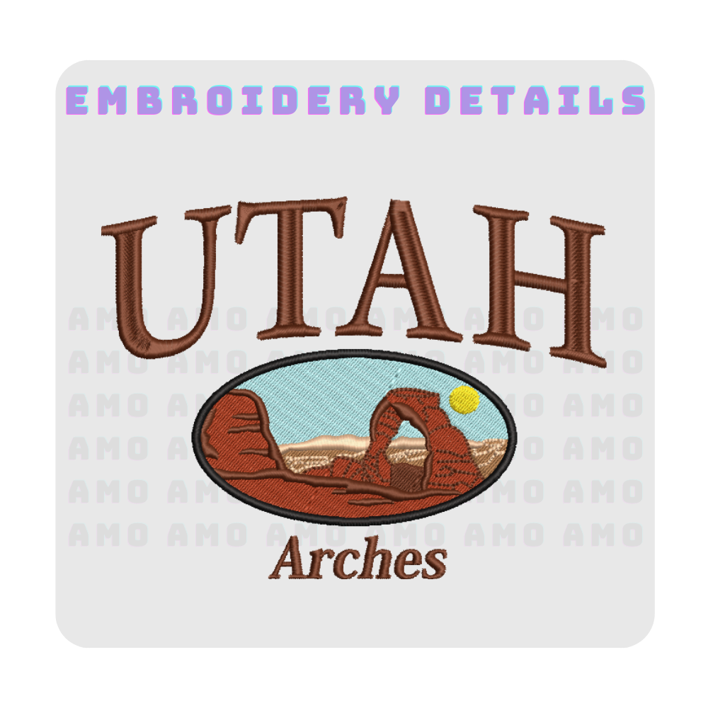 Embroidery close-up of Arches National Park on T-shirt