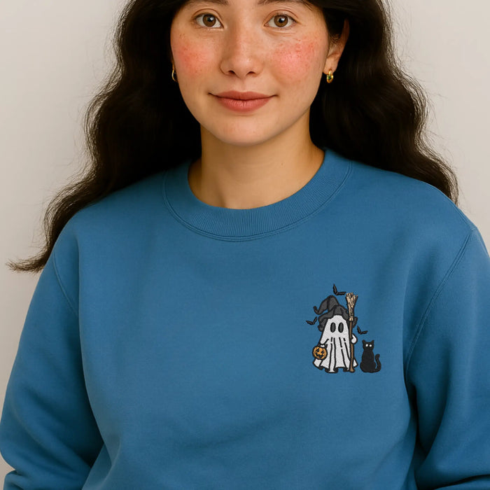 Cute Ghost & Black Cat Embroidered Sweatshirt β Cozy Halloween Green Unisex Pullover