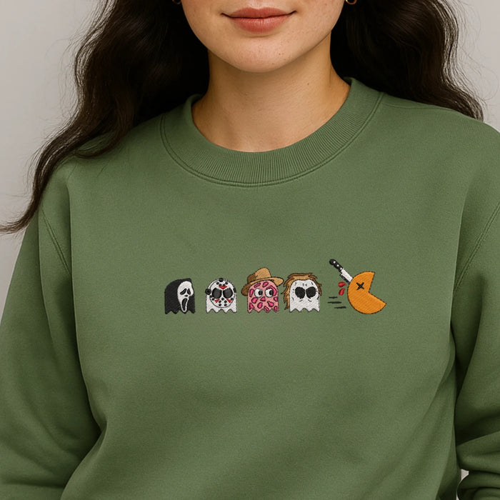 Halloween Ghost Squad Embroidered Sweatshirt β Funny Spooky Pacman Green Pullover