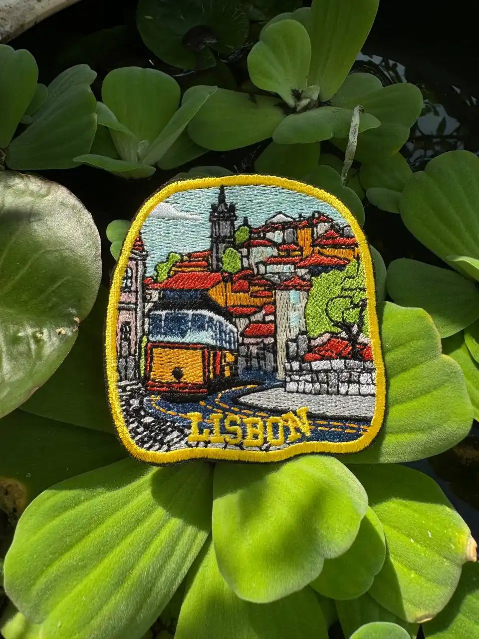 Lisbon embroidered patch featuring Portuguese tiles, iron-on or sew-on city souvenir from Portugal