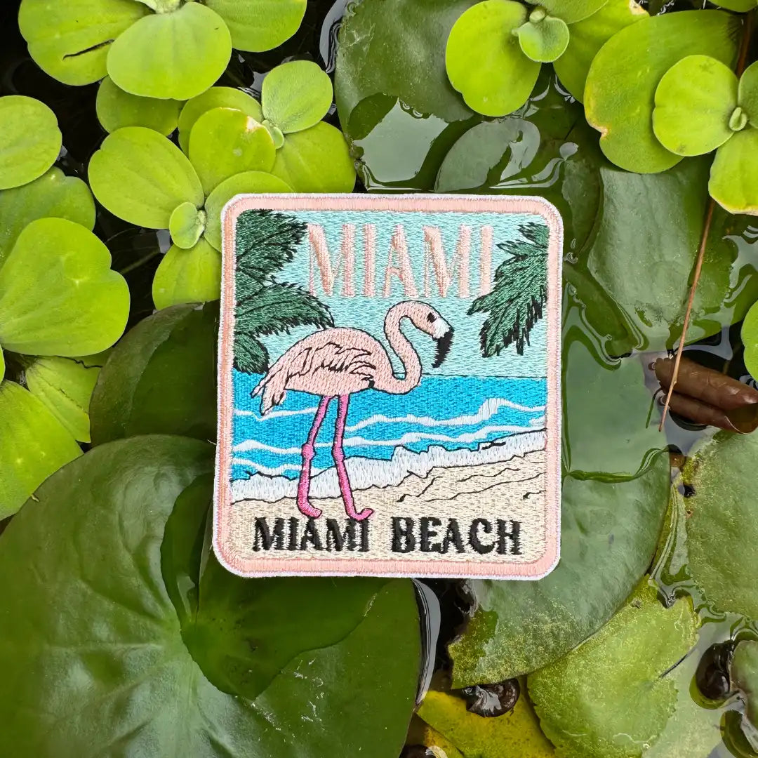 Miami Beach patch with embroidered palm trees and sunset design