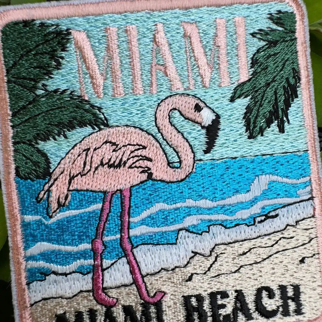 Miami Beach patch with embroidered palm trees and sunset design