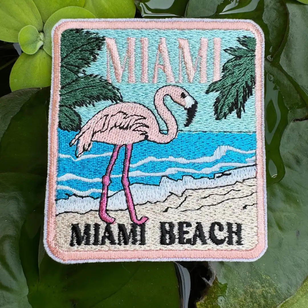 Miami Beach patch with embroidered palm trees and sunset design