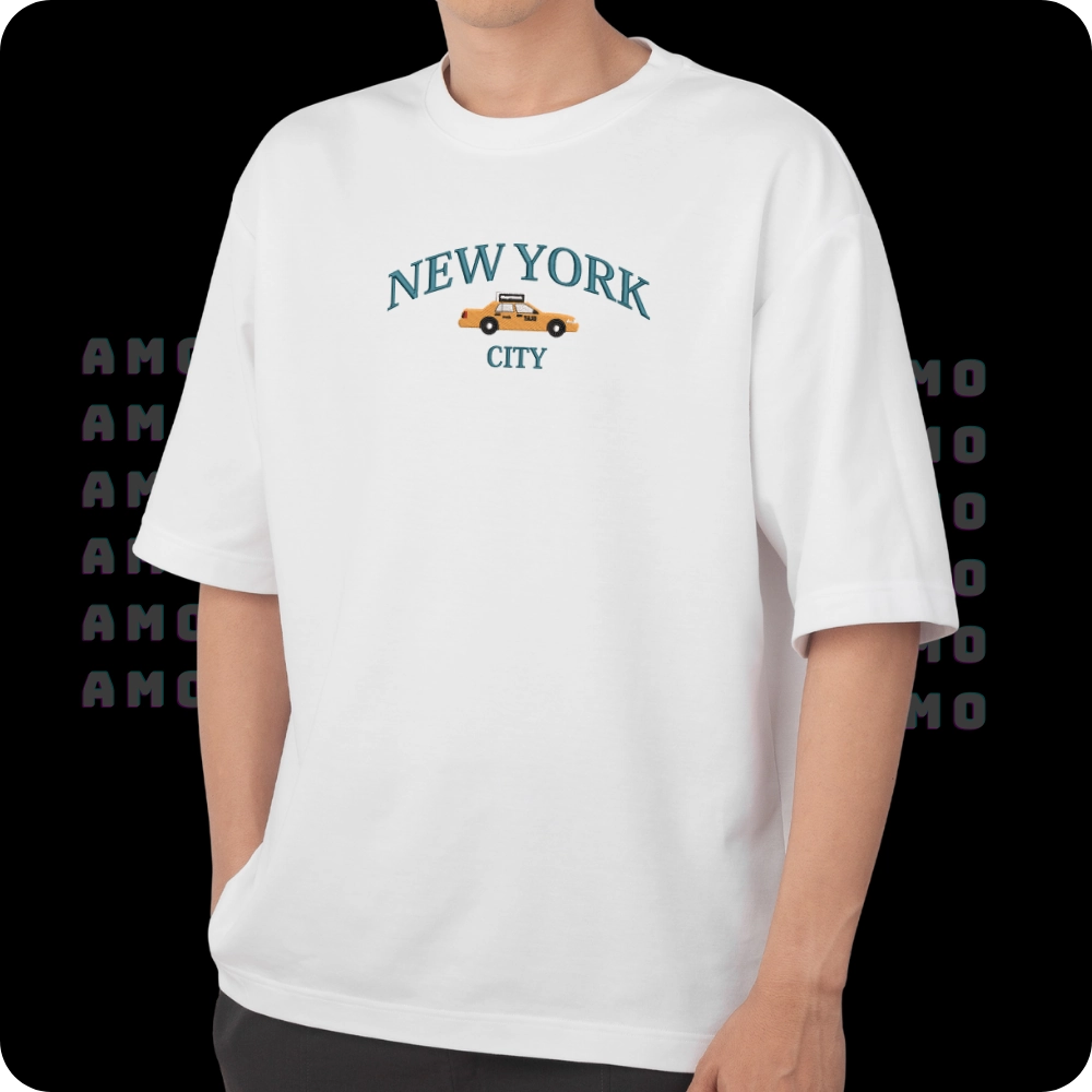 Model wearing New York embroidered shirt in cityscape