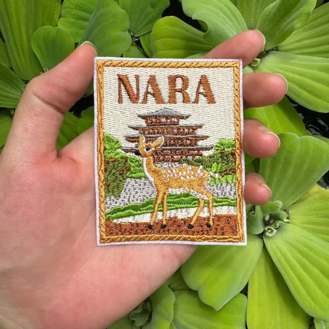 Japan souvenir patch showing Nara deer in a scenic park