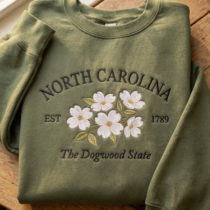 North Carolina Dogwood Embroidered Sweatshirt – Olive Green State Flower Botanical Gift Unisex Crewneck