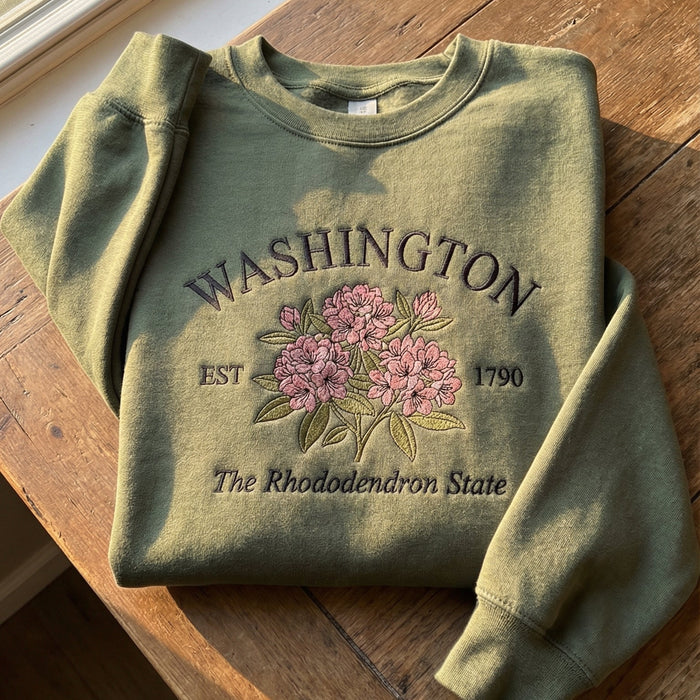 Washington Rhododendron Embroidered Sweatshirt – Olive Green State Flower Botanical Gift Unisex Crewneck