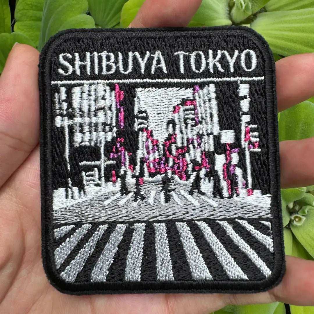 Close-up embroidered patch of Shibuya Crossing street in Tokyo