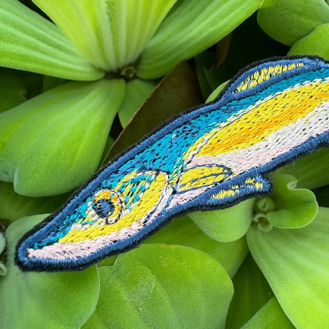 Iron-on fish patch on tropical green leaves background
