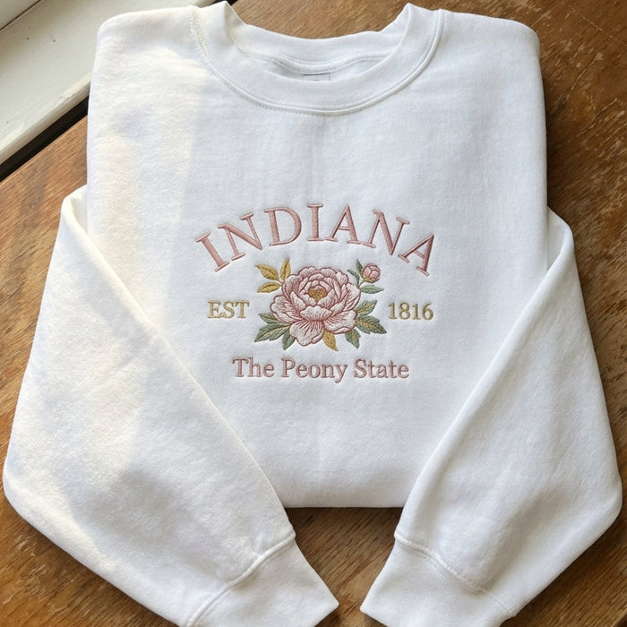Indiana Peony Embroidered Sweatshirt – White State Flower Botanical Gift Unisex Crewneck