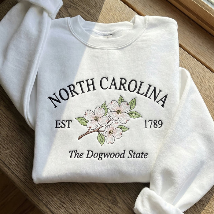 North Carolina Dogwood Embroidered Sweatshirt – State Flower Botanical Gift Unisex Crewneck