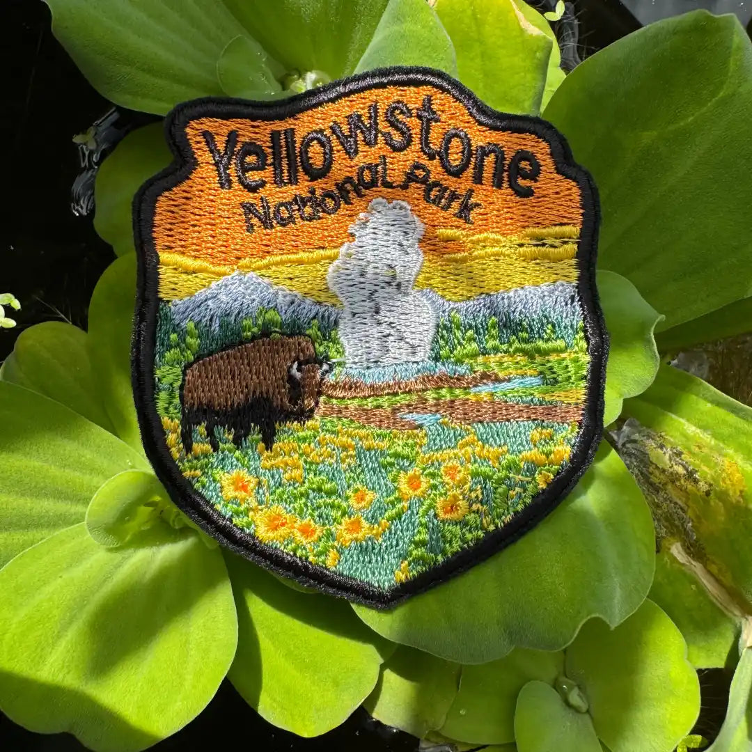 Nature-themed embroidered patch with flowers and mountains