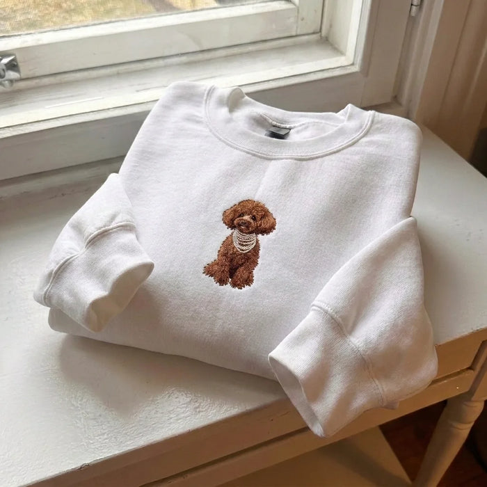Brown Poodle Wearing Pearls Embroidered Jumper