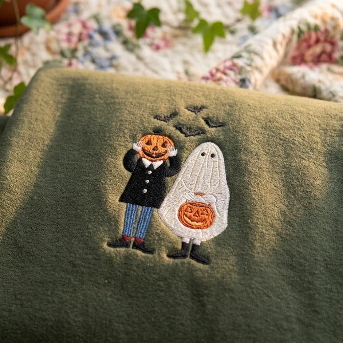 Cute Ghost & Pumpkin Embroidered Sweatshirt | Spooky Season