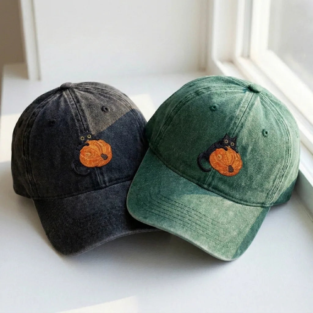 Black Cat & Pumpkin Embroidered Hat - Vintage Orange Dad Cap - product photo 1