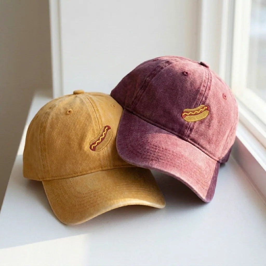 Mini Hot Dog Embroidered Dad Hat - Vintage Washed Black Cap - product photo 2