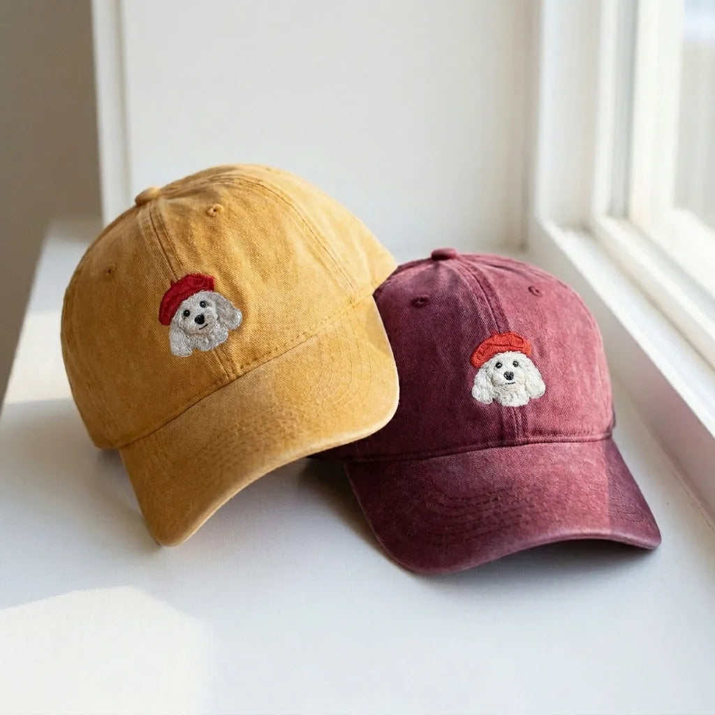 French Beret Dog Embroidered Dad Hat - Vintage Washed Cap - product photo 2