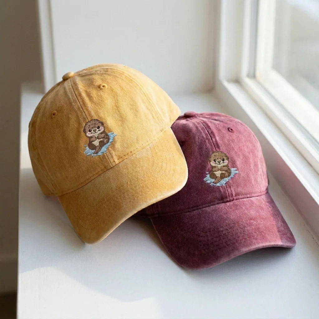 Cute Sea Otter Embroidered Dad Hat - Vintage Washed Cap - product photo 2