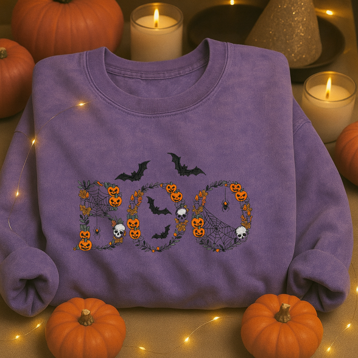 black boo halloween embroidered sweatshirt folded