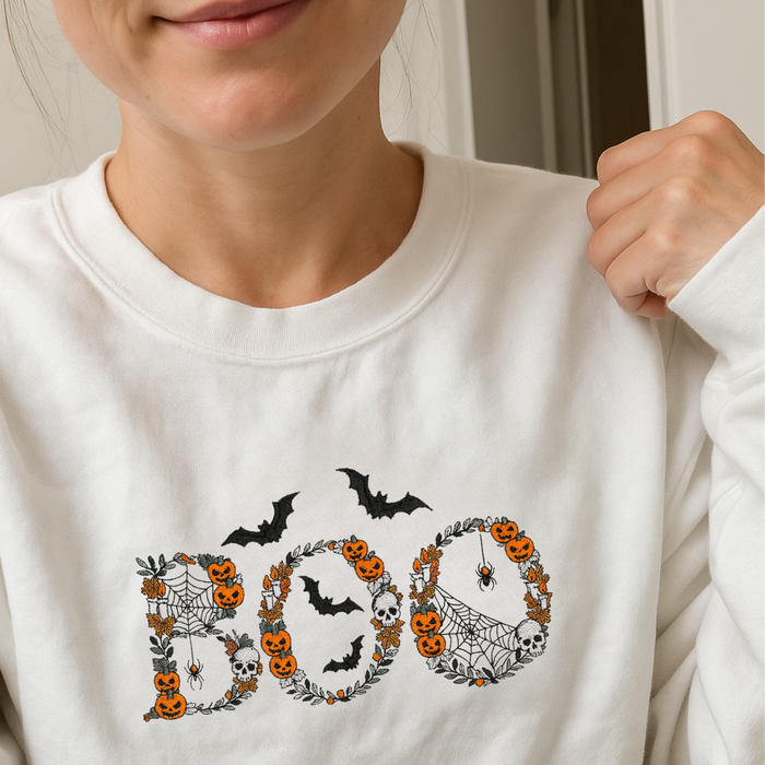 BOO Embroidered Halloween Sweatshirt (Unisex) β Pumpkins, Bats & Spider Web Pullover