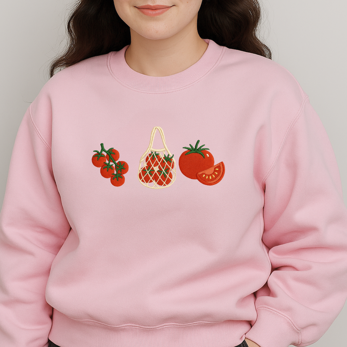 close-up embroidery tomato cluster and sliced design