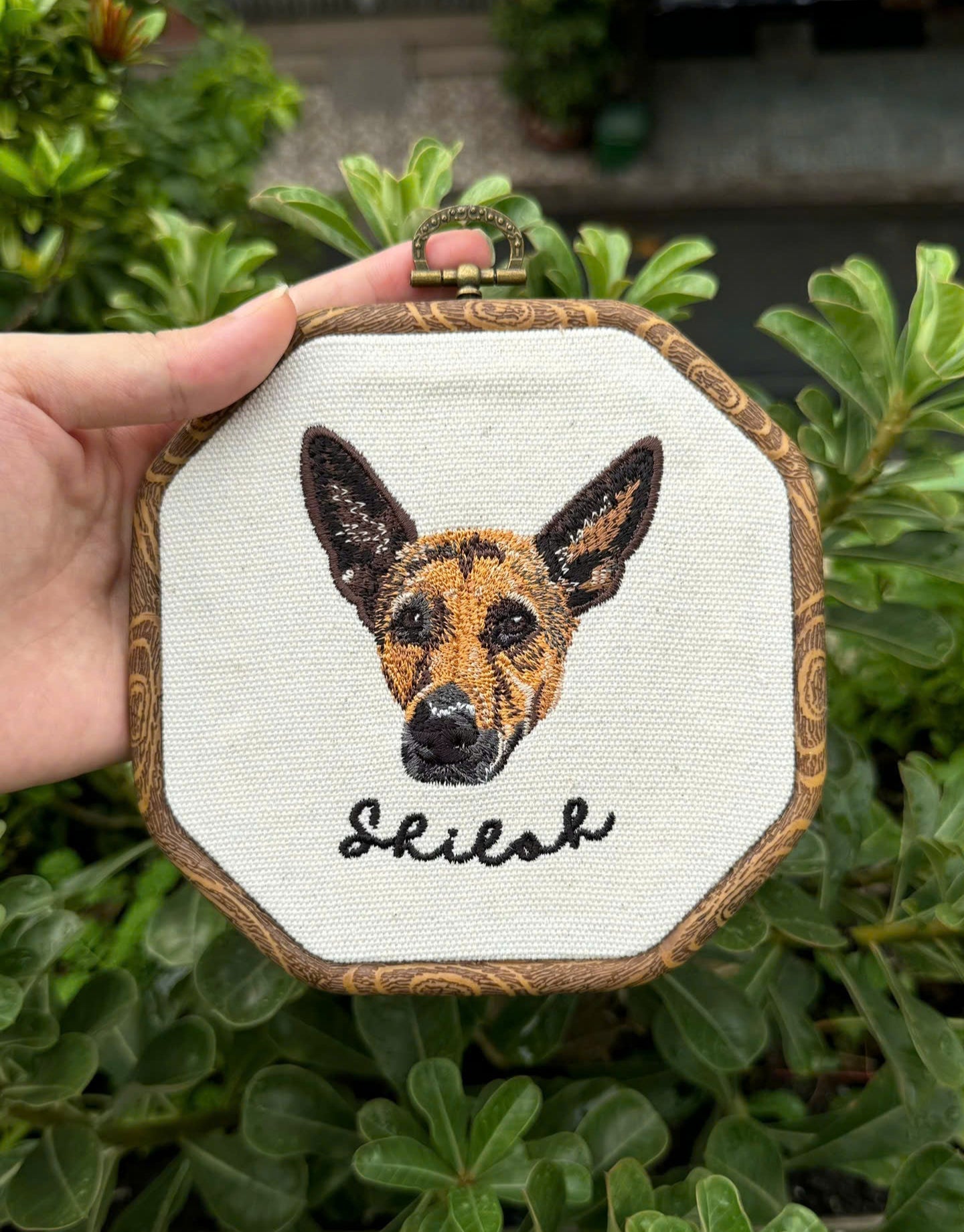 custom embroidered dog portrait wall art in wooden hoop