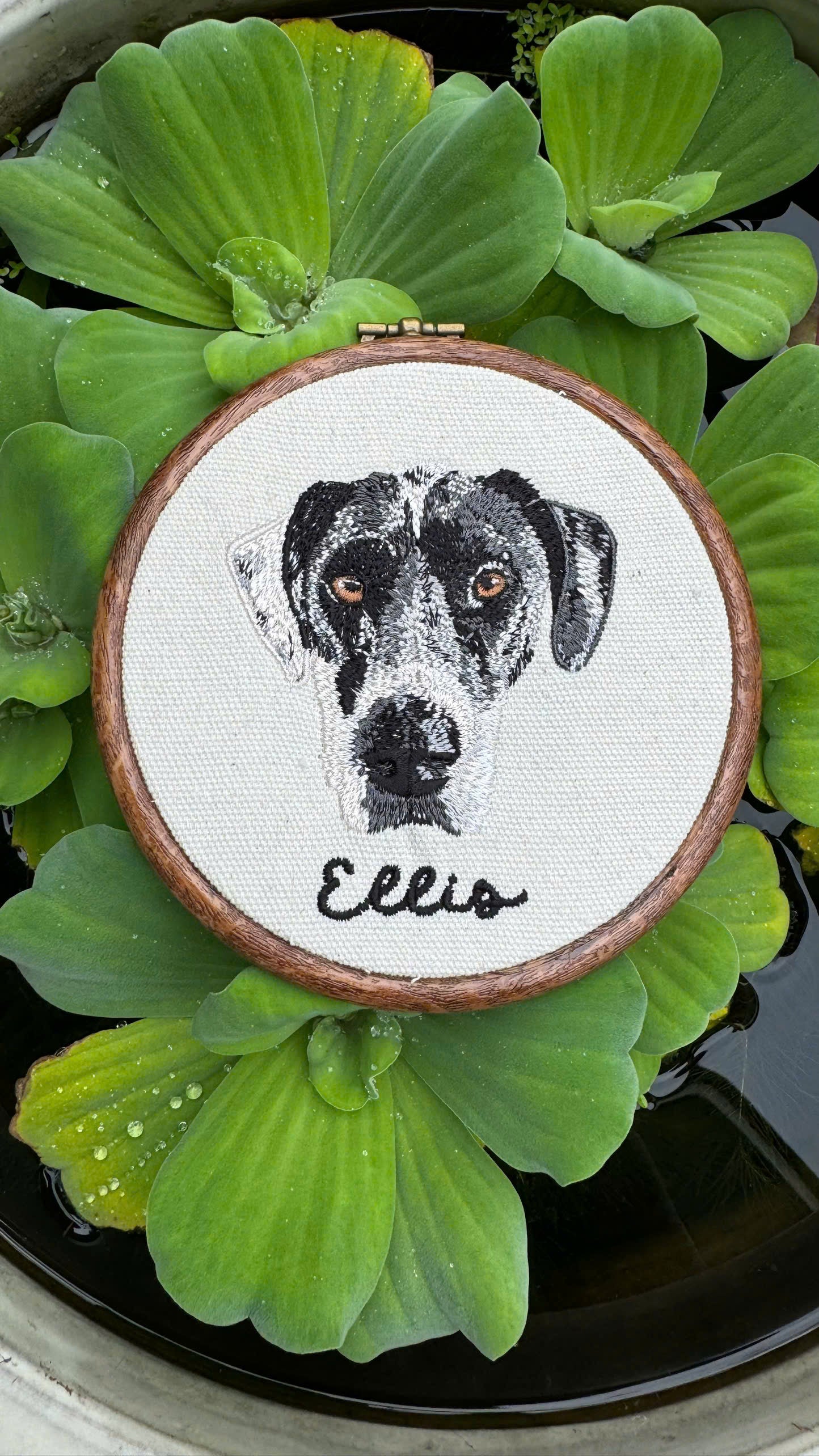 custom embroidered dog portrait wall art in wooden hoop
