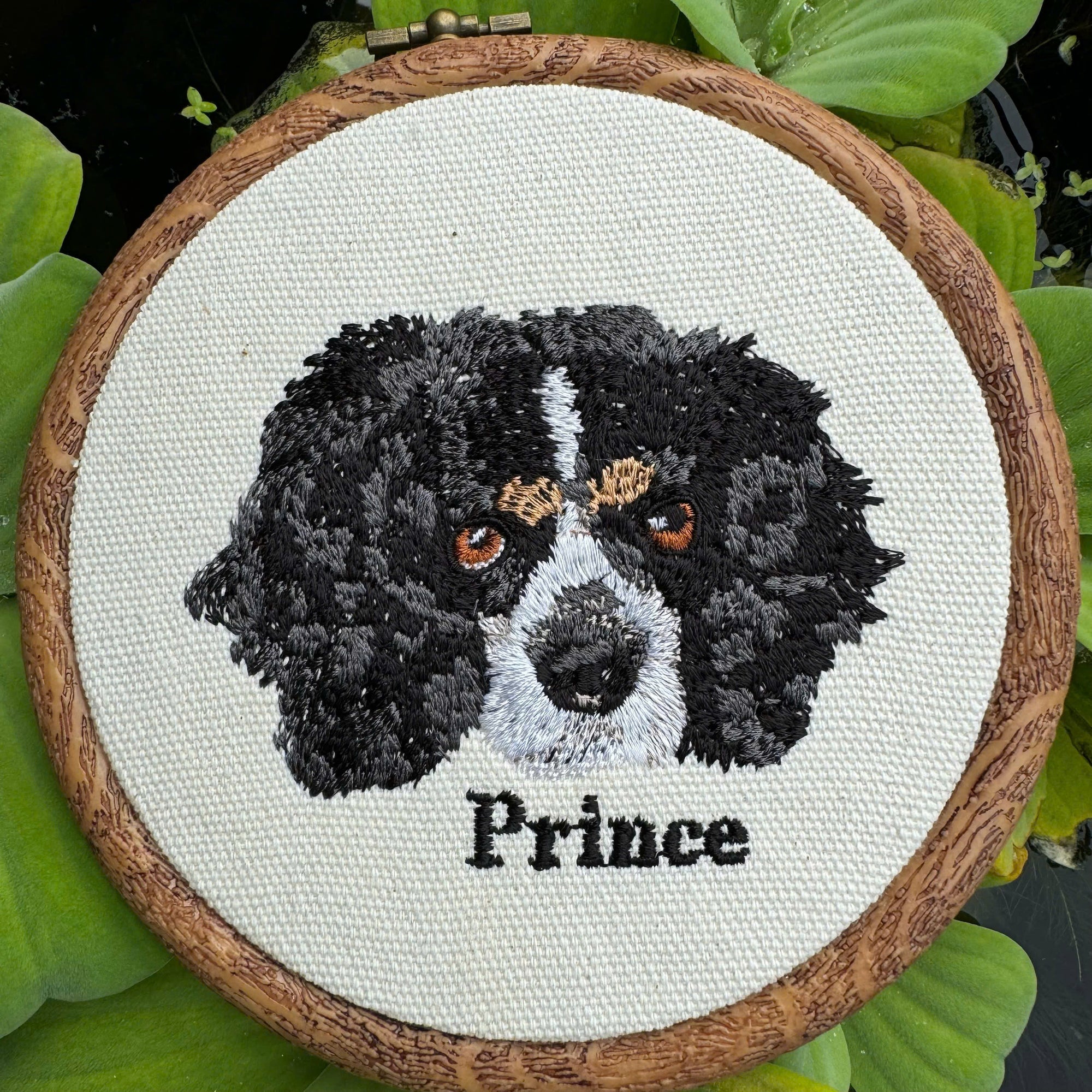 custom embroidered dog portrait wall art in wooden hoop