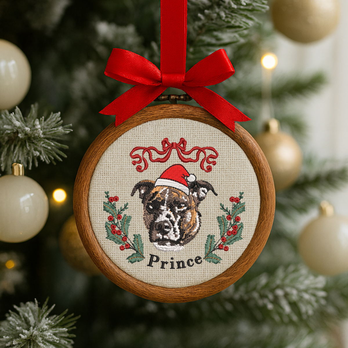 custom pet embroidery hoop with Santa hat