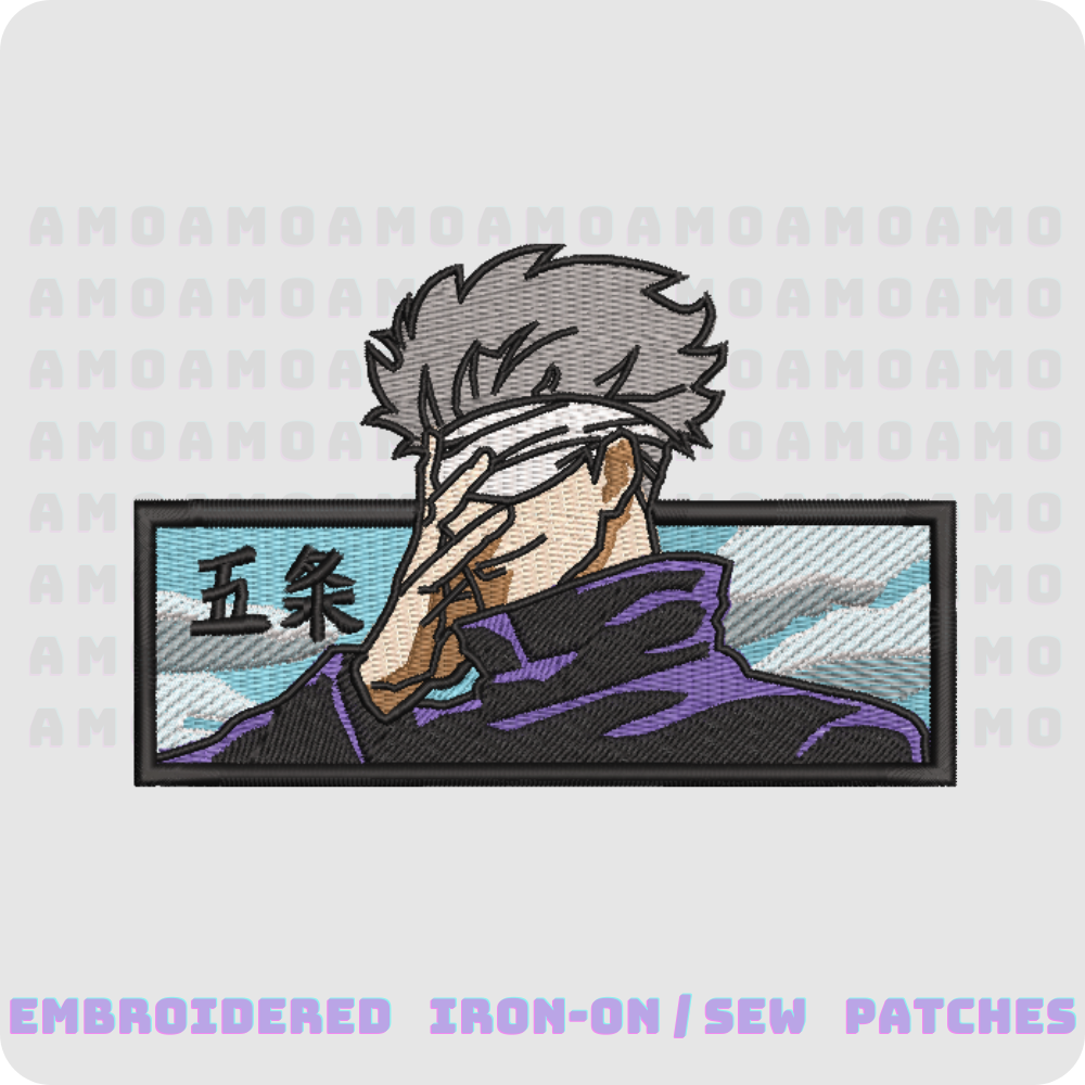 gojo satoru jujutsu kaisen embroidered patch flat lay 3 inch